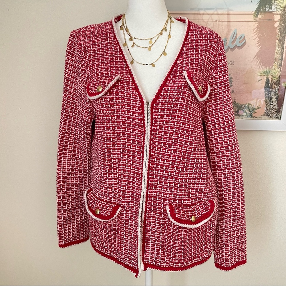 Talbots Tipped Tweed Sweater Jacket in Red Size Large
